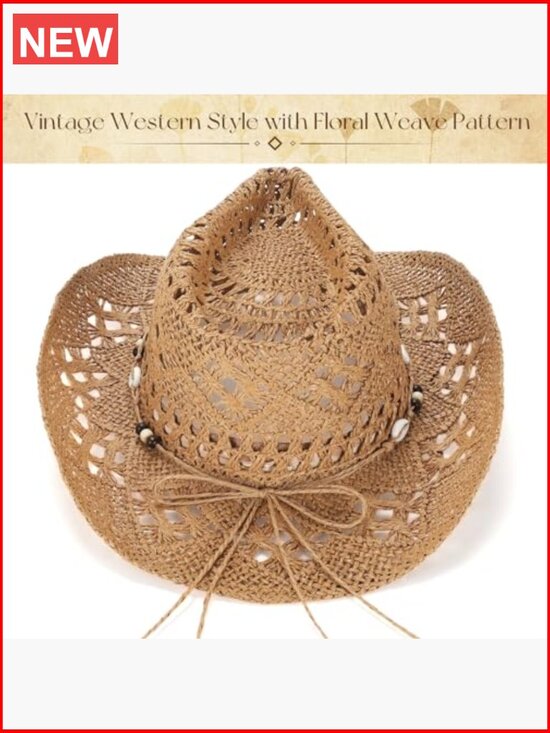 Straw Cowboy Hat with Boot Earrings, Breathable, Lightweight